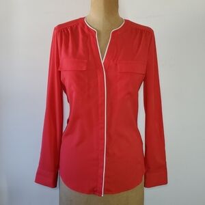 Jaclyn Smith Size M Blouse Top Red Chiffon Rouched Long Sleeve Button Down